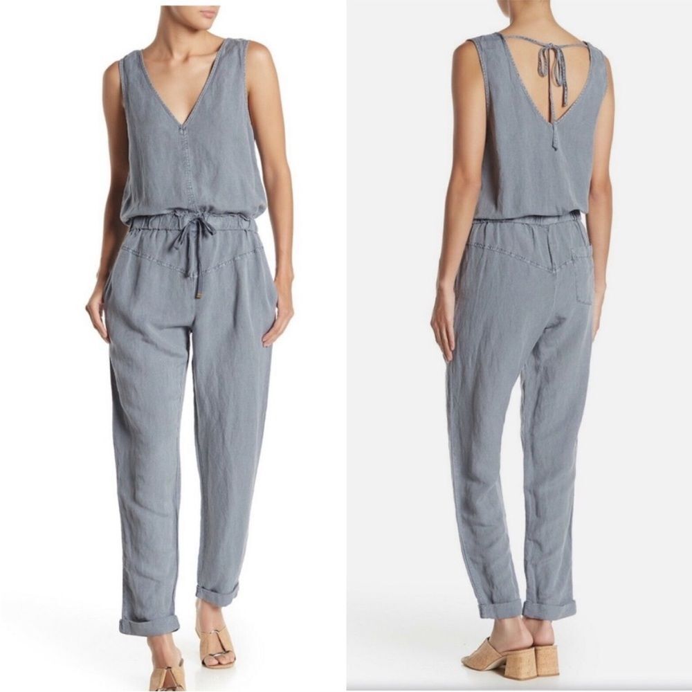 Young Fabulous & Broke Alex Drawstring Waist‎ Linen blend Jumpsuit gray blue XS